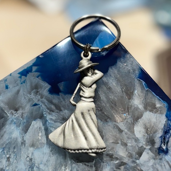 Vintage Pewter Golfing Lady Keychain by Fort - Picture 1 of 5